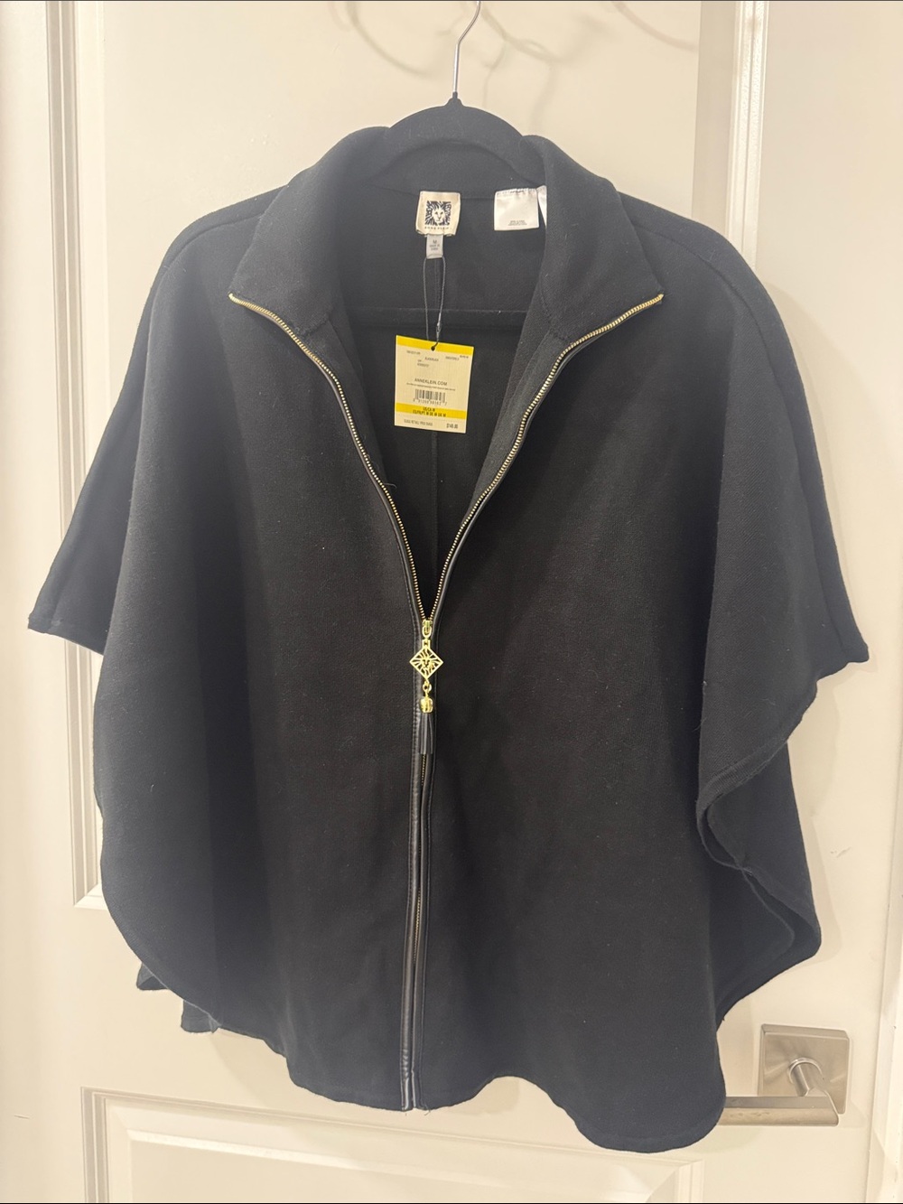 Anne Klein Black Zip-Front Cape Jacket with Gold Trim